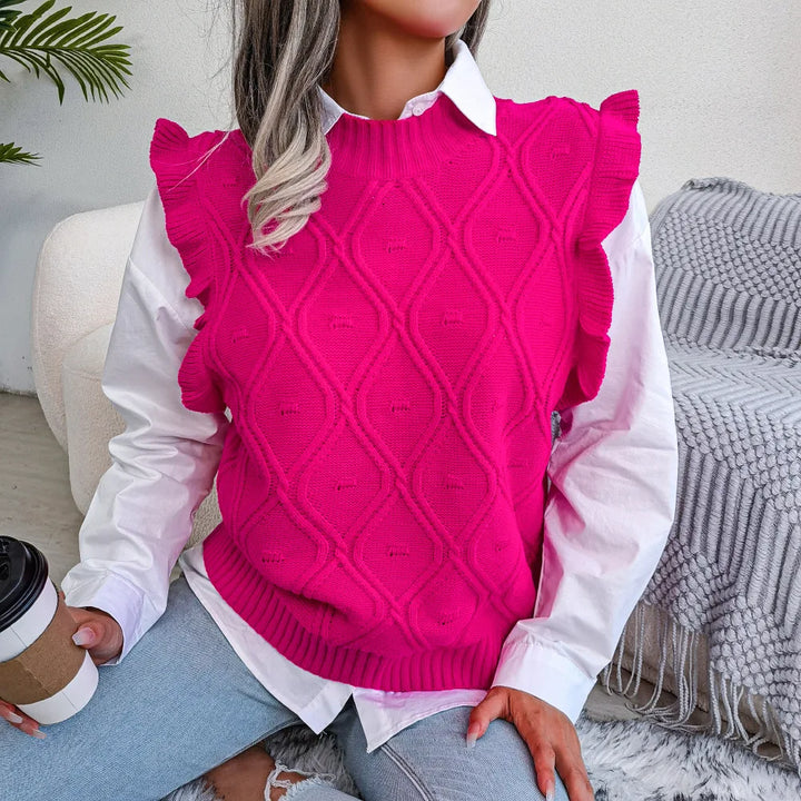 Pullunder für den Herbst - Ärmellose Strickpullover mit Zopfmuster und hohem Stehkragen für Damen