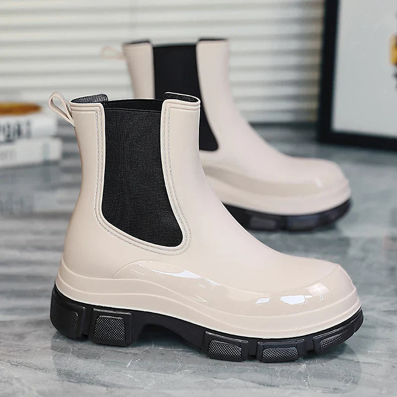 Regenstiefel für den Herbst - Wasserdichte Chelsea Gummistiefel mit Chunky Platform-Sohle für Damen
