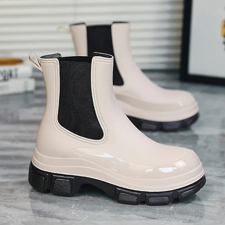 Regenstiefel für den Herbst - Wasserdichte Chelsea Gummistiefel mit Chunky Platform-Sohle für Damen