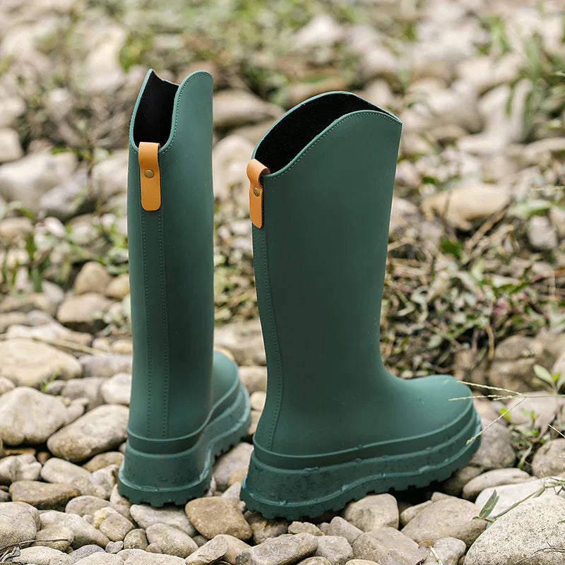 Regenstiefel für den Herbst - Wasserdichte hohe Gummistiefel mit rutschfester Komfort Sohle für Damen
