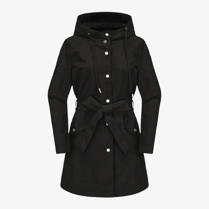 Regenjacke für den Herbst -  Wasserfeste Knielange Übergangsjacke mit Gürtel und Kapuze für Damen