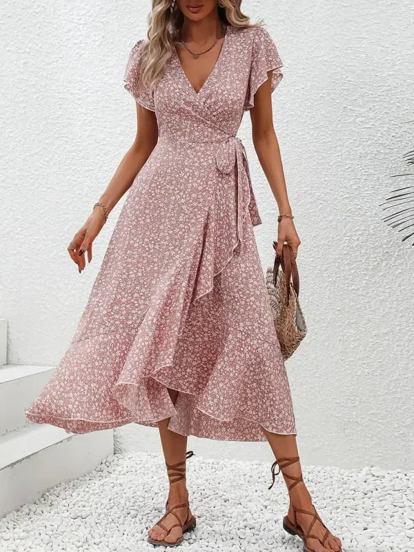 Wickelkleid für Damen - Luftiges Sommerkleid mit Blumenmuster und Volantärmeln