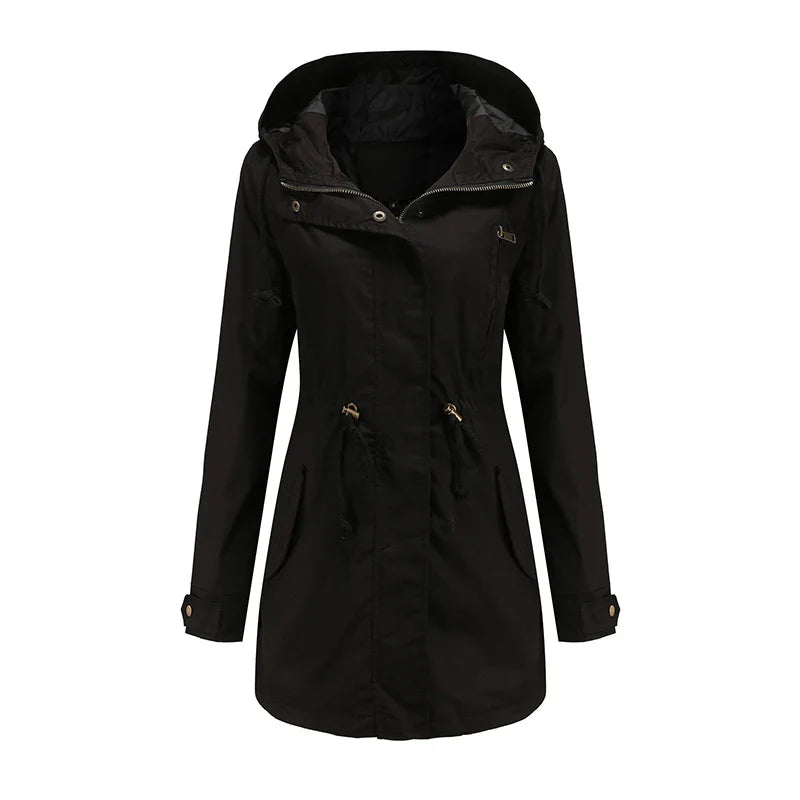 Regenjacke für den Herbst -  Wasserfeste Lange Übergangsjacke mit Kapuze für Damen