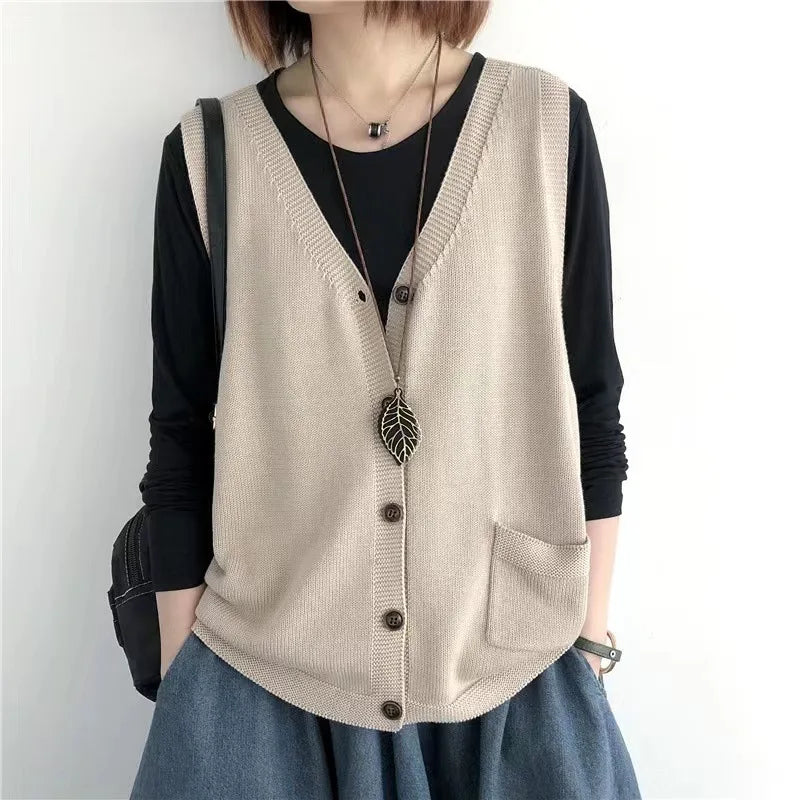 Strickweste für den Herbst - Vintage Ärmellose Strickweste mit V-Ausschnitt für Damen