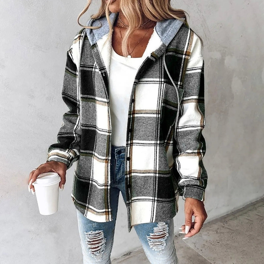 Flanellhemd für Herbst & Winter - Karierte Bluse mit Kapuze und Brusttaschen für Damen
