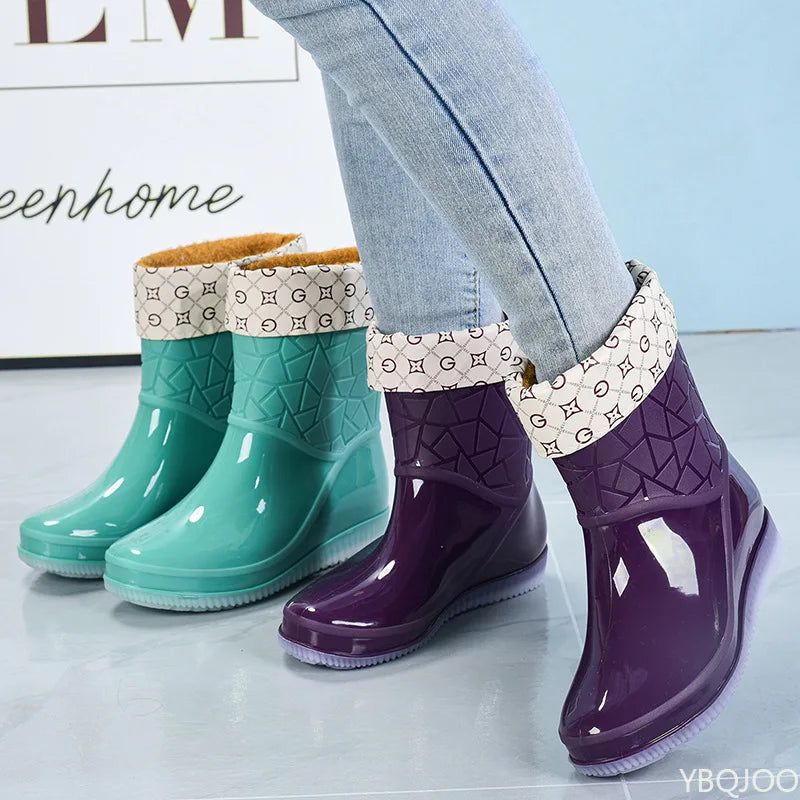 Regenstiefel für den Herbst - Halbhohe Wasserdichte Gummistiefel mit Muster rutschfest für Damen