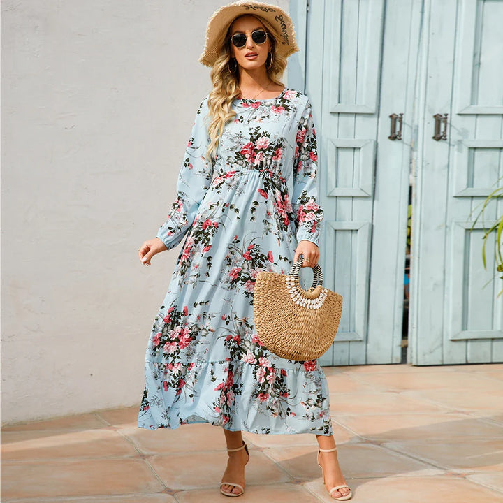 Maxikleid für Damen - Elegante Sommerkleid mit Blumenmuster und langen Ärmeln