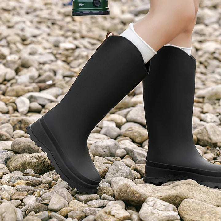 Regenstiefel für den Herbst - Wasserdichte hohe Gummistiefel mit rutschfester Komfort Sohle für Damen
