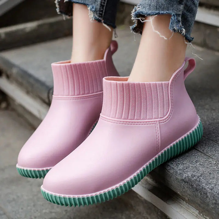 Regenstiefel für den Herbst - Wasserdichte Bequeme Ankle Gummistiefel mit Strick-Bund für Damen