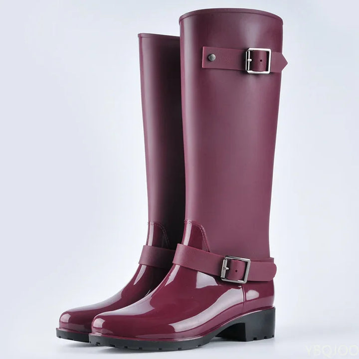 Regenstiefel für den Herbst - Wasserdichte hohe Gummistiefel mit Schnallen und Absatz für Damen