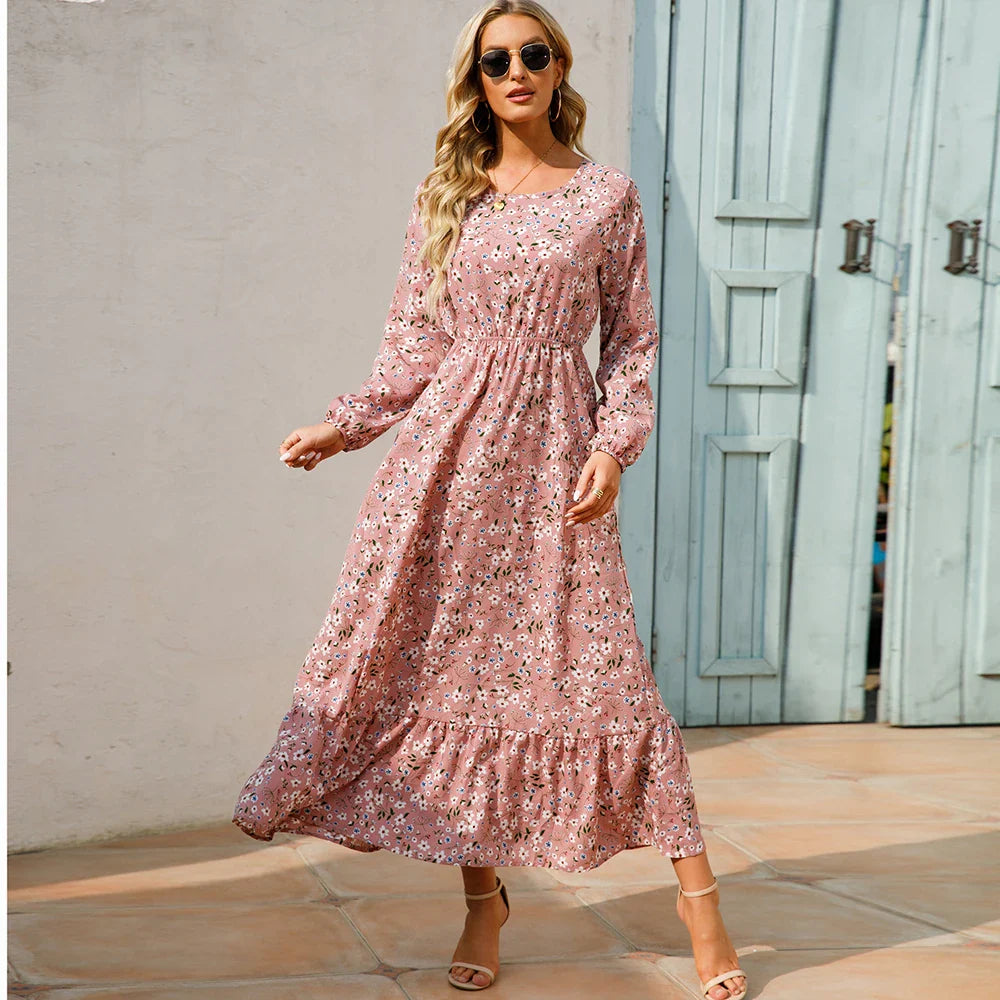 Maxikleid für Damen - Elegante Sommerkleid mit Blumenmuster und langen Ärmeln