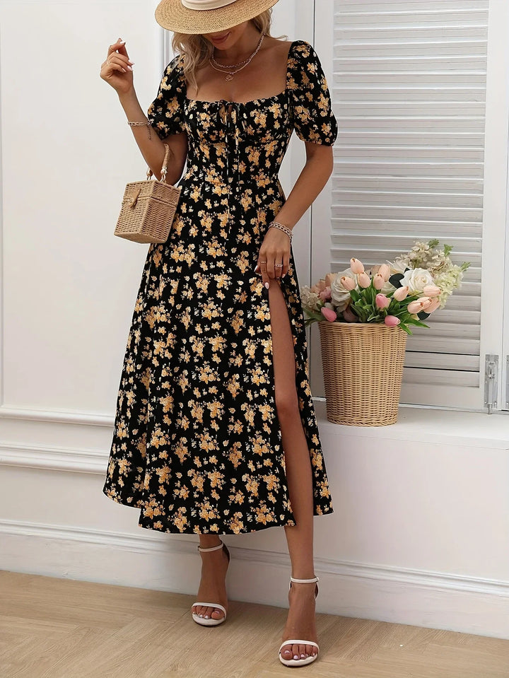 Maxikleid für Damen - Vintage Maxikleid mit Blumenmuster und Korsett-Detail
