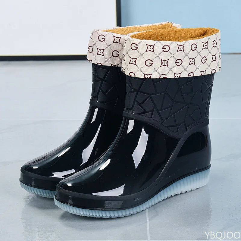 Regenstiefel für den Herbst - Halbhohe Wasserdichte Gummistiefel mit Muster rutschfest für Damen