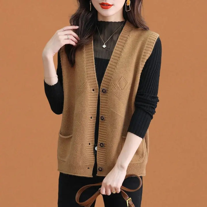 Ärmellose Strickweste für den Herbst - Elegante Strickweste mit Knöpfen und V-Ausschnitt für Damen