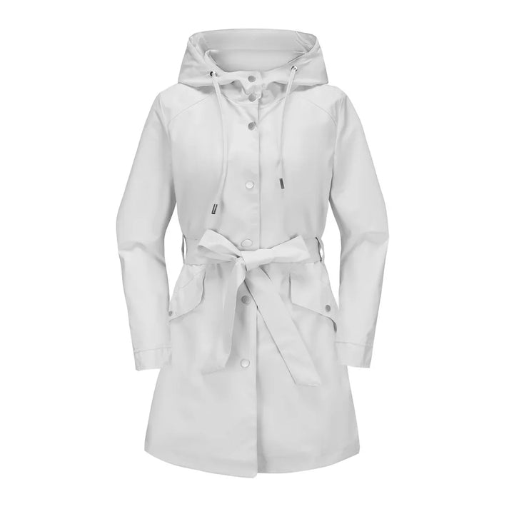 Regenjacke für den Herbst -  Wasserfeste Knielange Übergangsjacke mit Gürtel und Kapuze für Damen