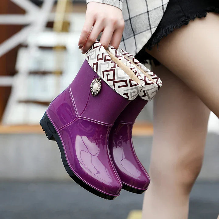 Regenstiefel für den Herbst - Wasserdichte Gummistiefel mit Blumen-Dekor und Profilsohle für Damen