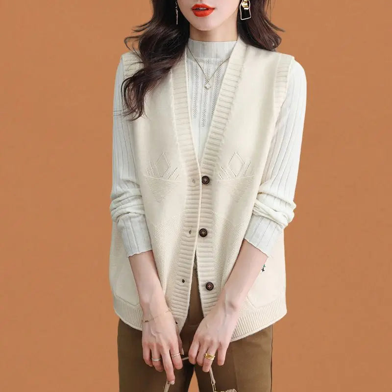 Ärmellose Strickweste für den Herbst - Elegante Strickweste mit Knöpfen und V-Ausschnitt für Damen