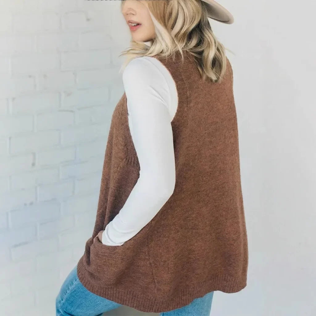 Pullunder für den Herbst - Lange Strickpullover mit tiefem V-Ausschnitt und Seitentaschen für Damen