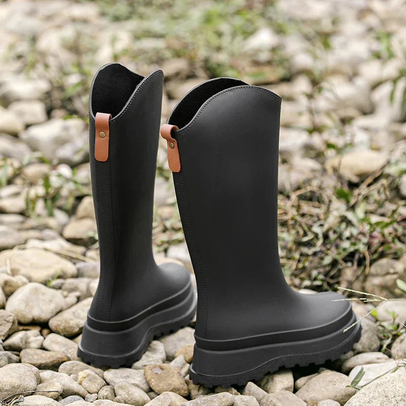 Regenstiefel für den Herbst - Wasserdichte hohe Gummistiefel mit rutschfester Komfort Sohle für Damen