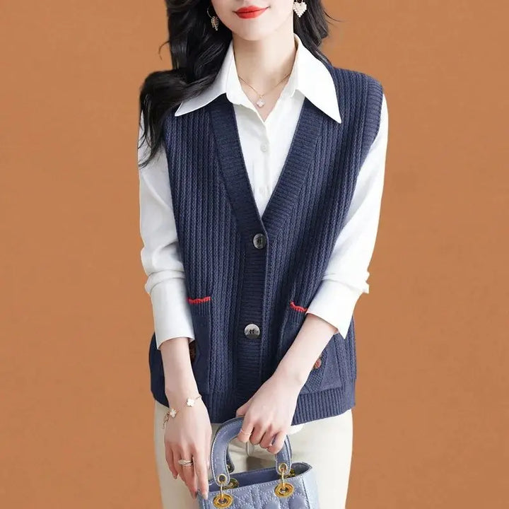 Ärmellose Strickweste für den Herbst - Elegante Strickweste mit Knöpfen und Seitentaschen für Damen