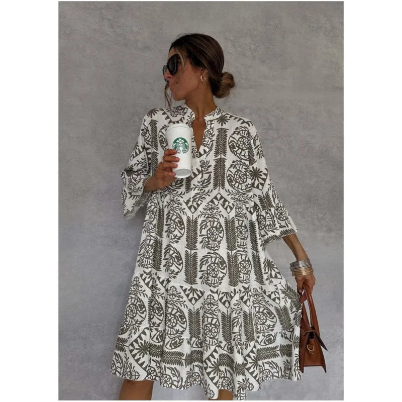 Tunika Kleid - Gemustertes Sommerkleid mit Stehkragen
