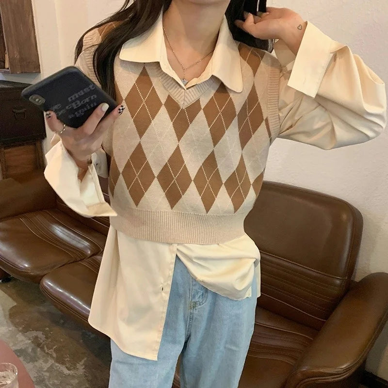 Pullunder für den Herbst - Vintage Kürze Strickpullover mit V-Ausschnitt für Damen