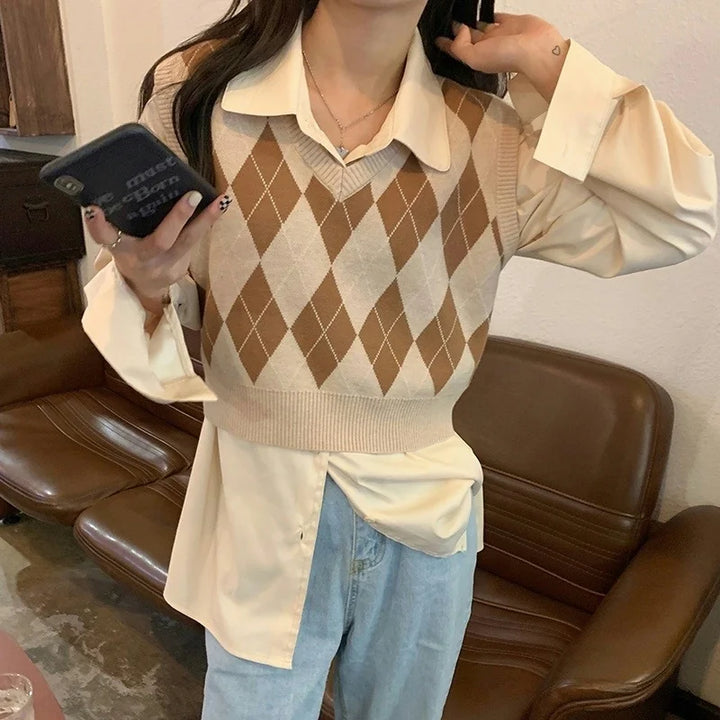Pullunder für den Herbst - Vintage Kürze Strickpullover mit V-Ausschnitt für Damen