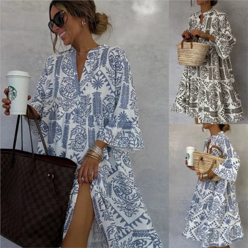 Tunika Kleid - Gemustertes Sommerkleid mit Stehkragen