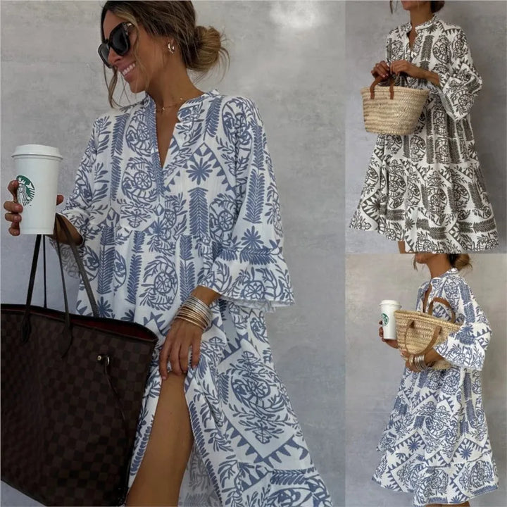Tunika Kleid - Gemustertes Sommerkleid mit Stehkragen