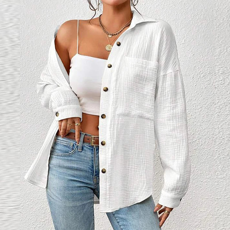 Oversized Bluse - Lockere Langarmbluse aus Crinkle-Stoff