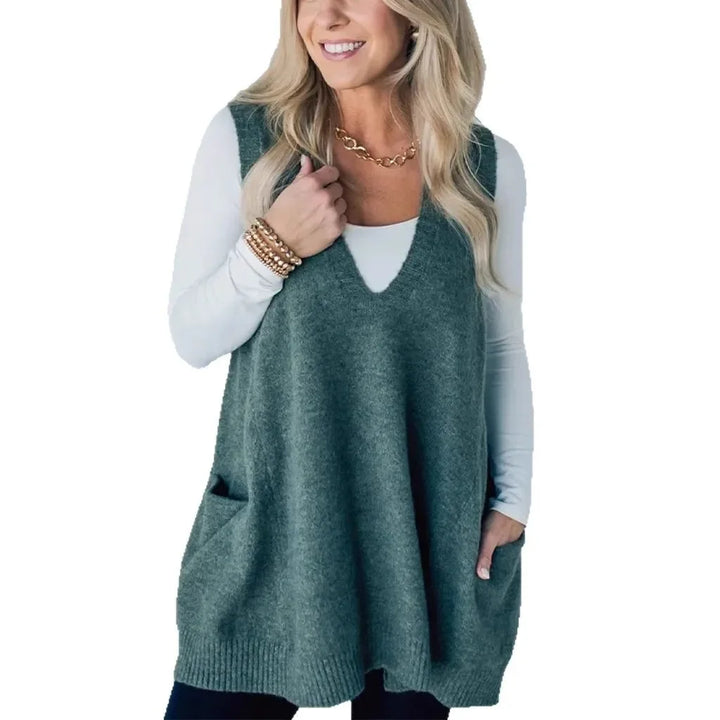 Pullunder für den Herbst - Lange Strickpullover mit tiefem V-Ausschnitt und Seitentaschen für Damen