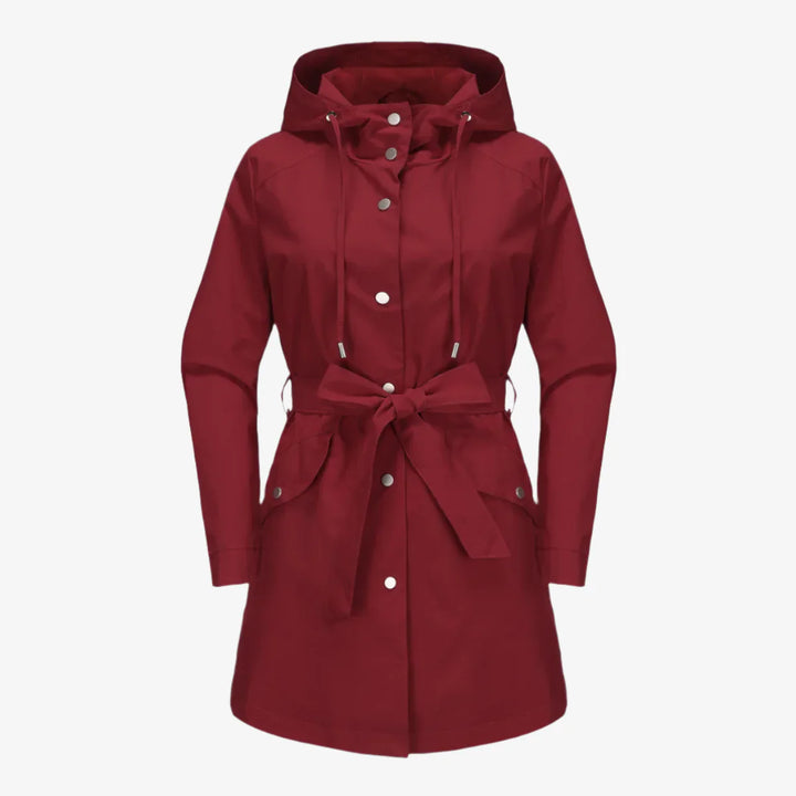 Regenjacke für den Herbst -  Wasserfeste Knielange Übergangsjacke mit Gürtel und Kapuze für Damen