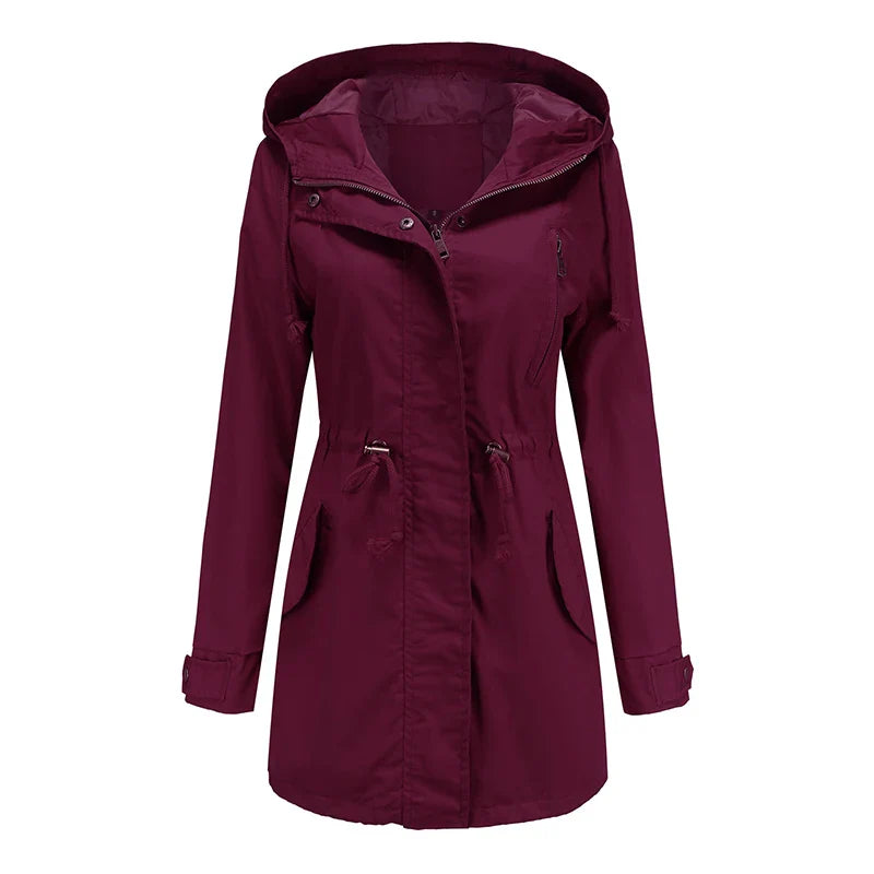 Regenjacke für den Herbst -  Wasserfeste Lange Übergangsjacke mit Kapuze für Damen