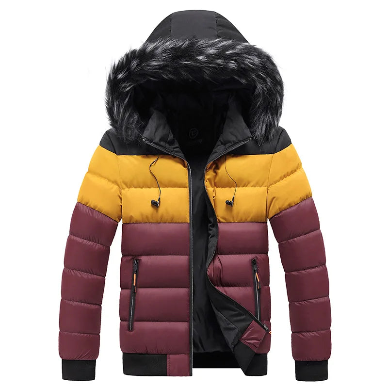 Bunte Winterjacke mit Kapuze, schwarz-gelb-bordeaux, Kunstfellbesatz, Reißverschlusstaschen, warm gefüttert. Ideal für kalte Temperaturen.