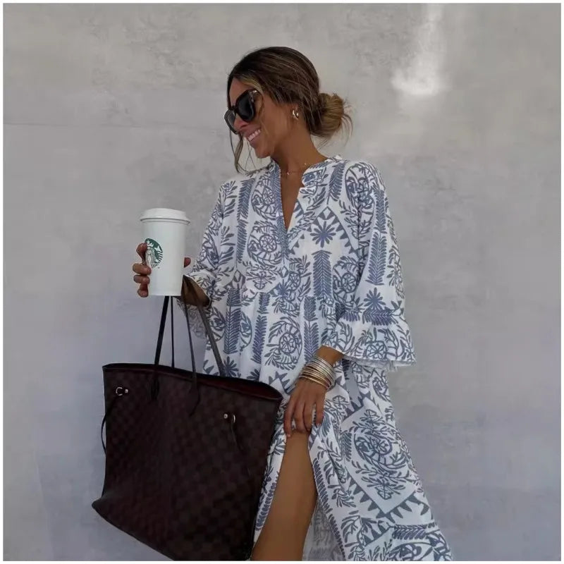 Tunika Kleid - Gemustertes Sommerkleid mit Stehkragen