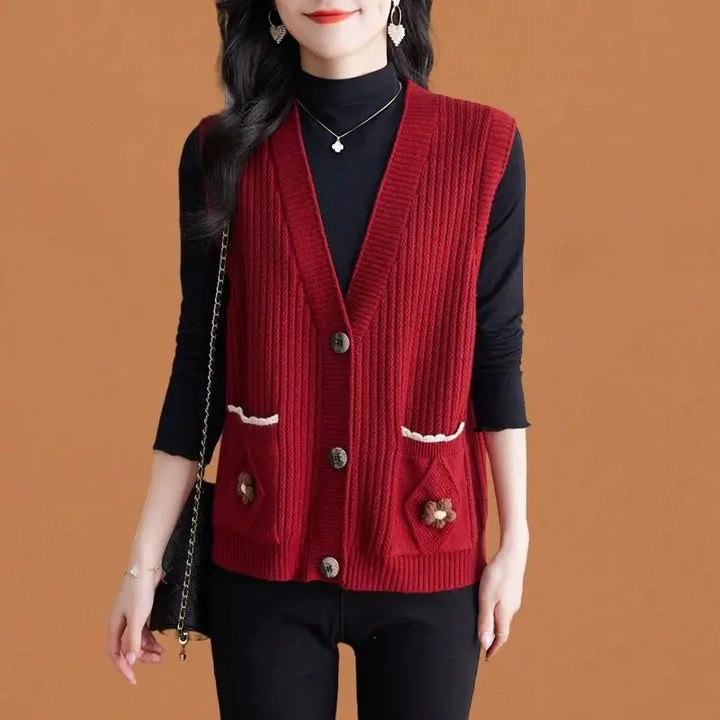 Ärmellose Strickweste für den Herbst - Elegante Strickweste mit Knöpfen und Seitentaschen für Damen