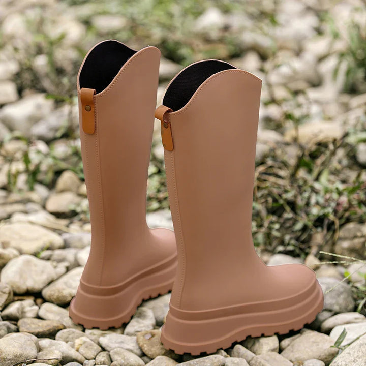 Regenstiefel für den Herbst - Wasserdichte hohe Gummistiefel mit rutschfester Komfort Sohle für Damen