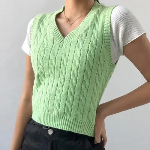 Pullunder für den Herbst - Ärmellose Kürze Strickpullover mit Zopfmuster und V-Ausschnitt für Damen