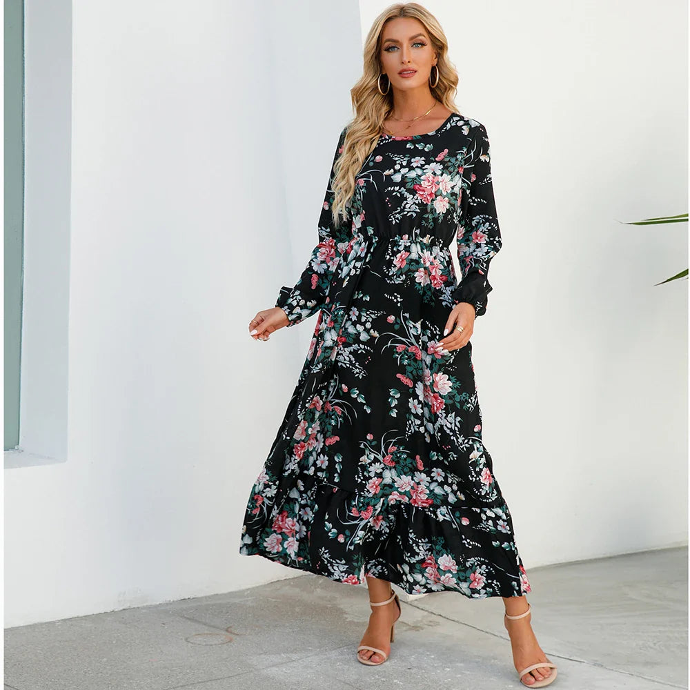 Maxikleid für Damen - Elegante Sommerkleid mit Blumenmuster und langen Ärmeln