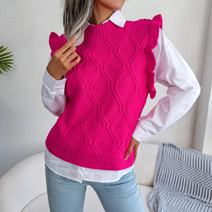 Pullunder für den Herbst - Ärmellose Strickpullover mit Zopfmuster und hohem Stehkragen für Damen