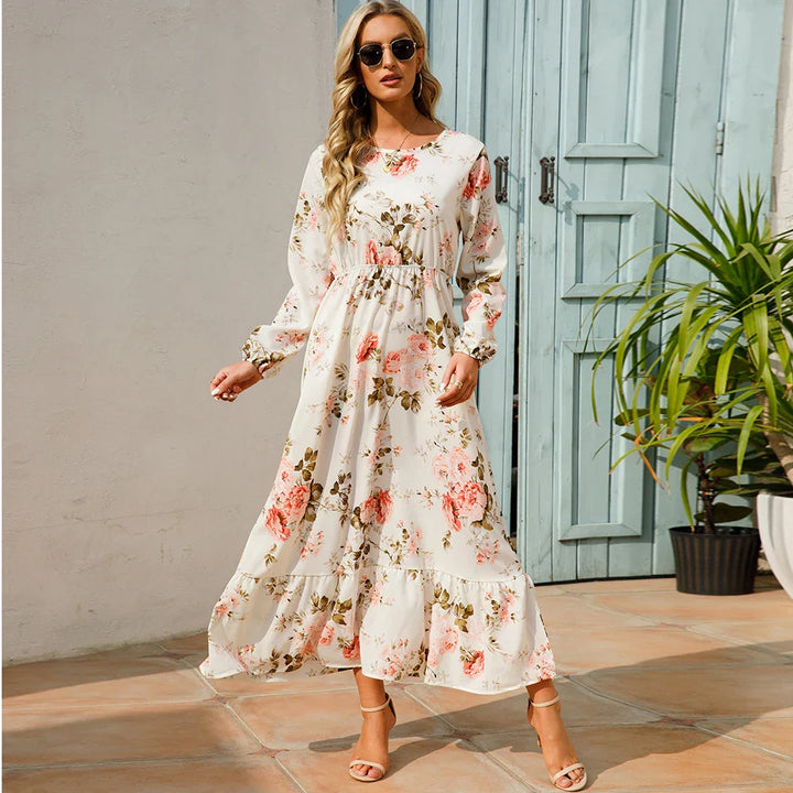 Maxikleid für Damen - Elegante Sommerkleid mit Blumenmuster und langen Ärmeln