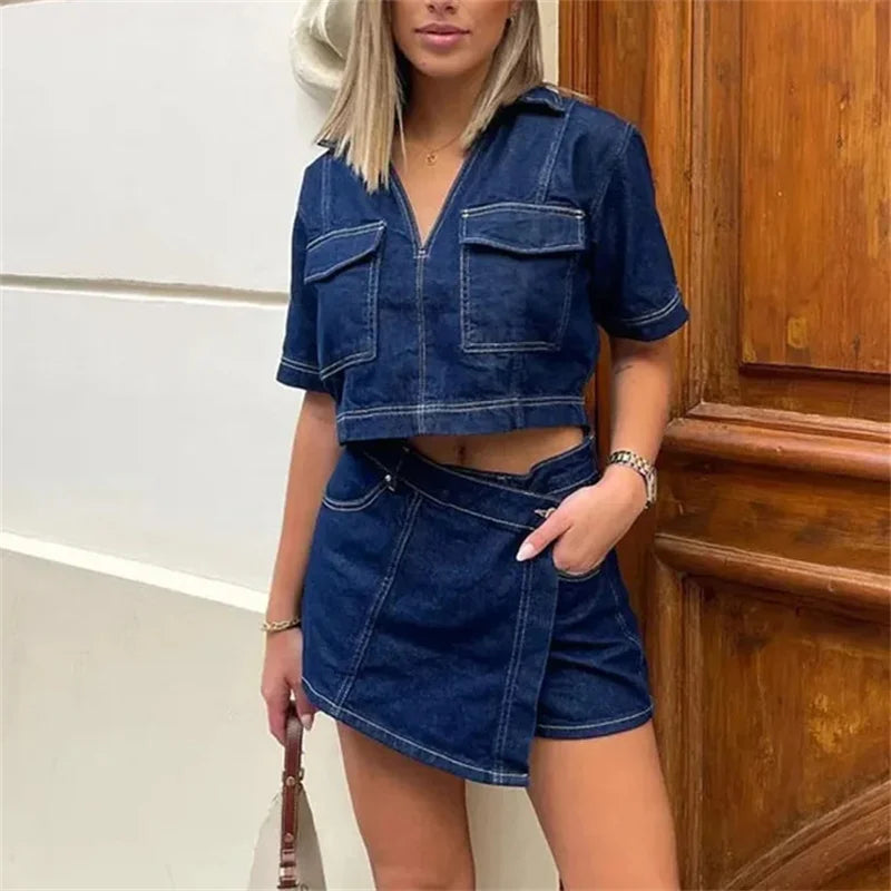 Jeans Zweiteiler Set - Crop Jeanshemd mit Jeansrock