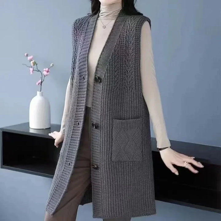 Ärmellose Strickweste für den Herbst - Knielange Cardigan mit Knöpfen und Seitentaschen für Damen