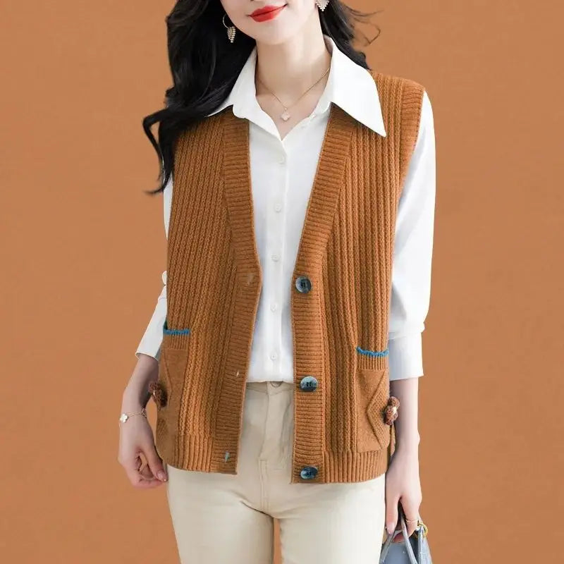 Ärmellose Strickweste für den Herbst - Elegante Strickweste mit Knöpfen und Seitentaschen für Damen