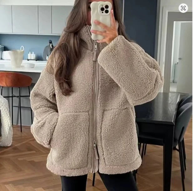 Oversize Teddy-Jacke für Damen – Kuschelige Teddy-Fleece-Jacke mit Stehkragen für den WInter