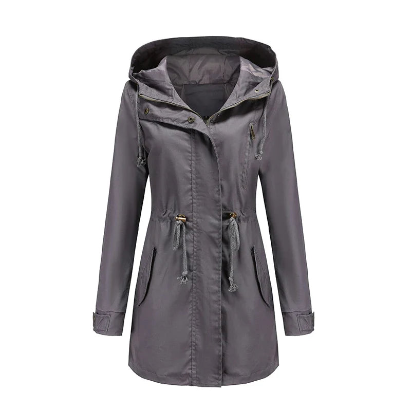 Regenjacke für den Herbst -  Wasserfeste Lange Übergangsjacke mit Kapuze für Damen