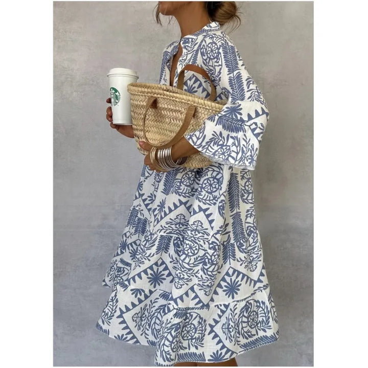 Tunika Kleid - Gemustertes Sommerkleid mit Stehkragen