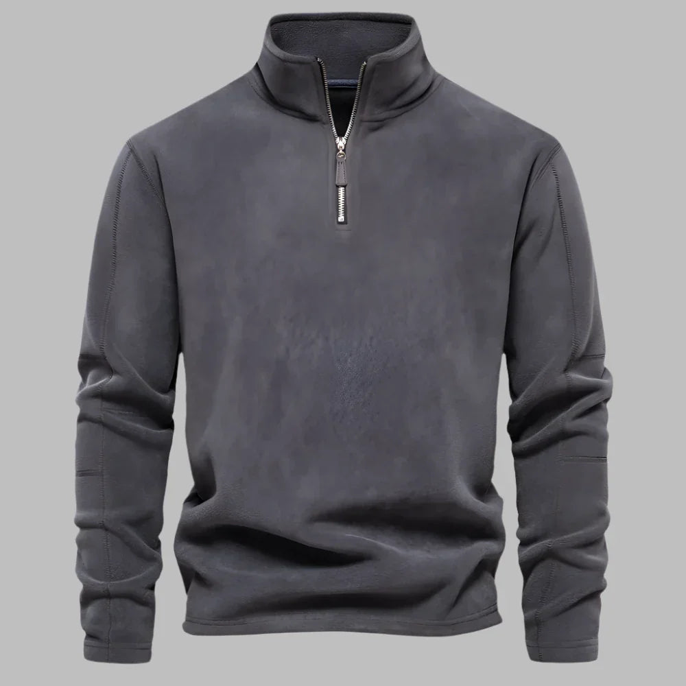 Grauer Herrenpullover mit Reißverschluss, Langarm, Stehkragen, modisch und bequem. Ideal für Herbst- und Wintermode.