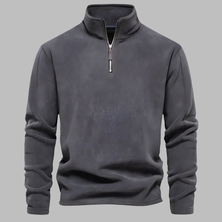 Grauer Herrenpullover mit Reißverschluss, Langarm, Stehkragen, modisch und bequem. Ideal für Herbst- und Wintermode.