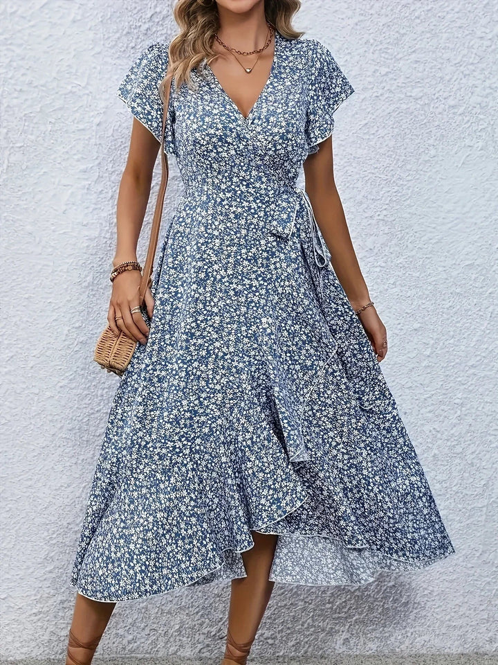 Wickelkleid für Damen - Luftiges Sommerkleid mit Blumenmuster und Volantärmeln